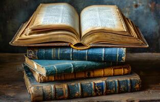 A stack of old books with a Bible on top. Concept of history and tradition, as well as the importance of reading and learning photo