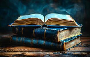 A stack of old books with a blue book on top. The books are open to a page with a word on it photo