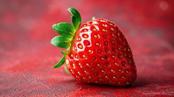 A red strawberry with a green leaf on top. The strawberry is fresh and ripe photo