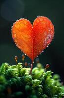 A leaf with a heart shape is on a green mossy surface. The leaf is red and has water droplets on it. Concept of beauty and tranquility, as the leaf's heart shape photo