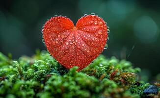 A red leaf with water droplets on it is shaped like a heart. Concept of love and beauty, as the delicate leaf is transformed into a symbol of affection. The water droplets add a touch of freshness photo