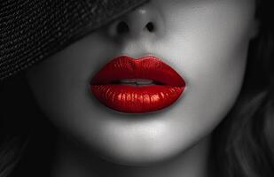 A woman's lips are painted red and she is wearing a black hat. The image has a bold and dramatic feel to it, with the red lips and the black hat creating a striking contrast photo