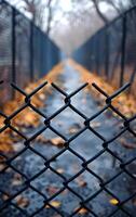 A fence with a chain link pattern is shown with a view of the ground. The fence is surrounded by leaves and the ground is wet. Scene is somewhat melancholic and lonely photo