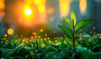 A small green leaf is in the foreground of a field of grass. The sun is setting in the background, casting a warm glow over the scene. Concept of tranquility and peace photo