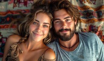 A man and a woman are laying on a blanket, smiling at the camera. Scene is happy and relaxed photo