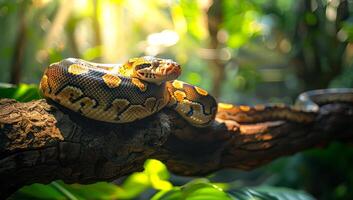 A large, colorful snake is resting on a tree branch. The snake is brown and black with yellow markings. The scene is peaceful and serene, with the snake looking relaxed and content photo