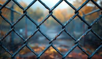A chain link fence with a view of a path. The fence is rusted and the leaves are falling photo