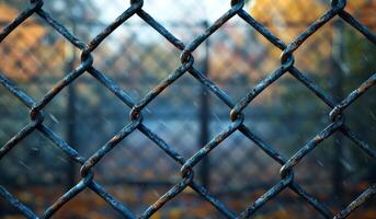 A chain link fence with a wet chain link. The chain link is rusted and the rain has made it even more rusted photo