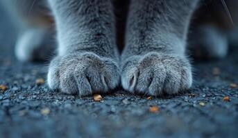 A cat's paw is shown in a close up. The paw is gray and has a few black spots. The cat is standing on a gray surface, which could be a sidewalk or a road photo