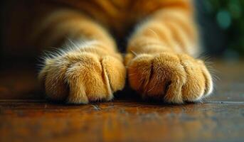 A close up of a cat's paw, with its claws visible. The cat appears to be relaxed and comfortable, as it is resting its paw on a wooden surface. Concept of warmth and companionship photo