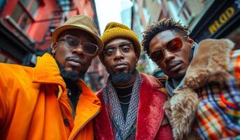 Three men wearing glasses and hats pose for a picture. The men are wearing red and orange coats photo