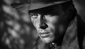 A man wearing a hat and a coat is looking at the camera. The image has a vintage feel to it, and the man's expression seems to be serious or contemplative photo