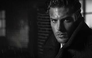 A man with a beard and glasses is standing in the rain. He is wearing a black coat and he is looking at the camera photo