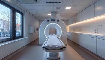 A large MRI machine is in a hospital room. The room is clean and sterile, with a sink and a refrigerator in the corner. The room is empty, with no people visible photo
