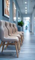 A row of chairs are lined up in a hallway. The chairs are all facing the same direction, and they are all empty photo