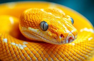 A yellow snake with a black eye is shown in the image. The snake is curled up and he is resting. The image has a calm and peaceful mood, as the snake is not in motion and is simply resting photo