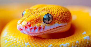 A yellow snake with red markings on its face. The snake is curled up and has its eyes open photo