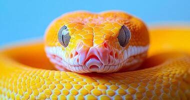 A yellow snake with a white head and red tongue. The snake is curled up and looking at the camera photo