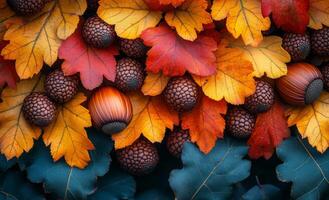 A close up of autumn leaves and acorns. Concept of warmth and nostalgia, as it captures the beauty of fall and the changing of the seasons photo