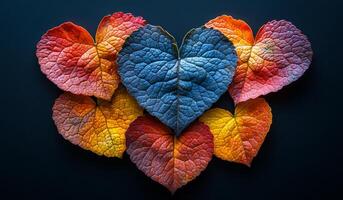 A collection of colorful leaves arranged in the shape of a heart. The leaves are of different colors and sizes, creating a vibrant and lively scene photo
