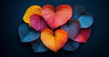 A collection of colorful leaves arranged in the shape of hearts. Concept of warmth and love, as the leaves are arranged in a heart shape, and the colors are vibrant and cheerful photo