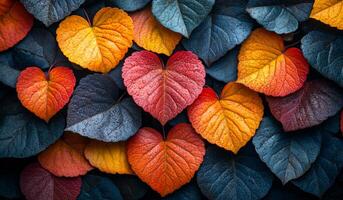 A collection of leaves with hearts in the middle. The leaves are of different colors and sizes, and they are arranged in a way that creates a sense of depth and texture photo