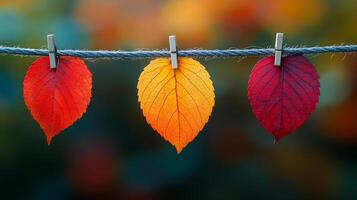 Three leaves hanging on a clothesline, one red, one orange, and one yellow. The leaves are arranged in a way that they look like they are drying in the sun. The image has a warm and nostalgic feeling photo