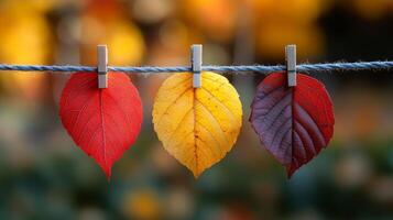 Three leaves hanging on a clothesline, one red, one yellow, and one brown. The leaves are arranged in a way that they look like they are drying in the sun photo