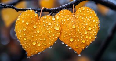 Two leaves with raindrops on them, one is on the left and the other is on the right photo