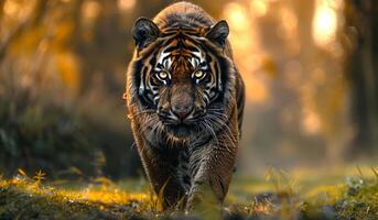 A tiger is walking through a forest. The tiger is the main focus of the image, and it is walking confidently and purposefully. The forest setting creates a sense of mystery and adventure photo