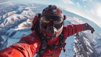 A man in a red jacket and goggles is taking a selfie from the top of a mountain. The photo captures the excitement and thrill of the moment, as the man is in the air, surrounded by snow and mountains