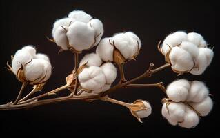 A bunch of cotton buds are hanging from a branch. The cotton buds are white and fluffy. Concept of freshness and purity photo