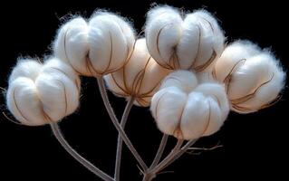 A bunch of white cotton flowers are shown in a close up. The flowers are arranged in a way that they look like they are clustered together. The image has a calm and peaceful mood photo
