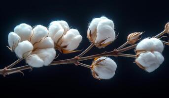A branch of cotton flowers is shown in a black background. The flowers are white and appear to be fresh. Concept of calmness and serenity, as the cotton flowers are a symbol of purity and innocence photo