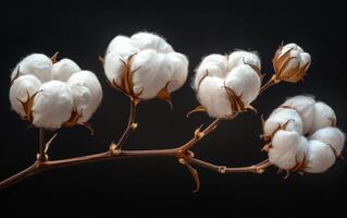 A branch with cotton flowers on it. The flowers are white and the branch is dark. Concept of calmness and serenity photo