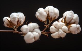 A bunch of cotton flowers are hanging from a branch. The flowers are white and fluffy, and they are arranged in a way that makes them look like they are floating. The image has a peaceful photo