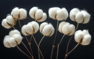 A bunch of cotton flowers are arranged in a row. The flowers are white and fluffy, and they are all facing the same direction. The arrangement gives off a sense of calmness and serenity photo