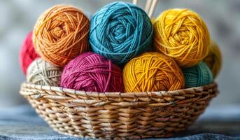 A basket full of colorful yarn balls. The basket is made of wicker and is placed on a table. The yarn balls are of different colors and sizes, creating a vibrant and cheerful atmosphere photo