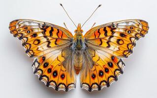 A butterfly with orange and black wings is sitting on a white background. The butterfly has a unique pattern on its wings, and it is resting photo