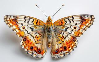 A butterfly with orange and white wings is sitting on a white surface. The butterfly has a unique pattern on its wings, and it is resting photo