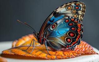 A butterfly with blue wings and red spots is sitting on a leaf. The butterfly is surrounded by a leaf, which is brown and has a slightly fuzzy texture. Concept of tranquility and natural beauty photo