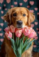 A golden retriever is holding a bouquet of pink flowers. The dog is surrounded by a heart-shaped background, which adds to the romantic and affectionate atmosphere of the scene photo
