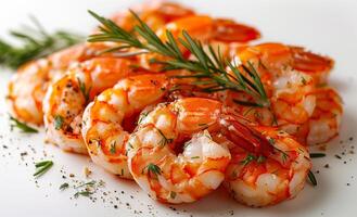A pile of shrimp with herbs on top. The shrimp are arranged in a way that they are all facing the same direction photo