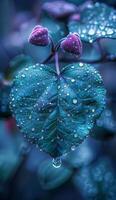 A leaf with water droplets on it. The leaf is blue and has a heart shape. The water droplets are scattered all over the leaf, giving it a serene and calming appearance photo