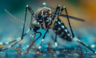 A mosquito is shown in a close up, with its head and legs visible. The insect is black and white, with a brown stripe down its back. Concept of unease and discomfort photo