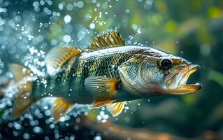 A fish is swimming in the water with its mouth open. The fish is surrounded by water droplets, creating a sense of movement and energy photo