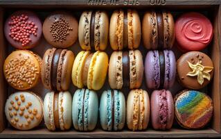 A tray of assorted colored macaroons. The tray is wooden and has a rainbow of colors photo