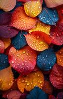 A close up of a leafy tree with many different colored leaves. The leaves are wet and shiny, and the colors are vibrant and varied. Concept of freshness and vitality, as well as the beauty of nature photo