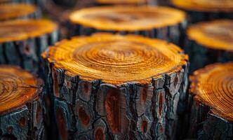 A close up of a large log with a brownish-orange color. The log is surrounded by other logs, creating a sense of depth and dimension. Scene is warm and inviting photo