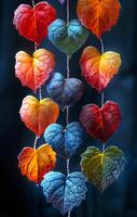 A series of colorful leaves hanging from a string, with each leaf having a heart shape. The leaves are of different colors, including red, orange, yellow, green, and blue. Concept of warmth, beauty photo